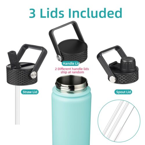 Insulated Water Bottle 18oz Stainless Steel Water Bottles With 3 Lids Sports ... - Picture 3 of 7