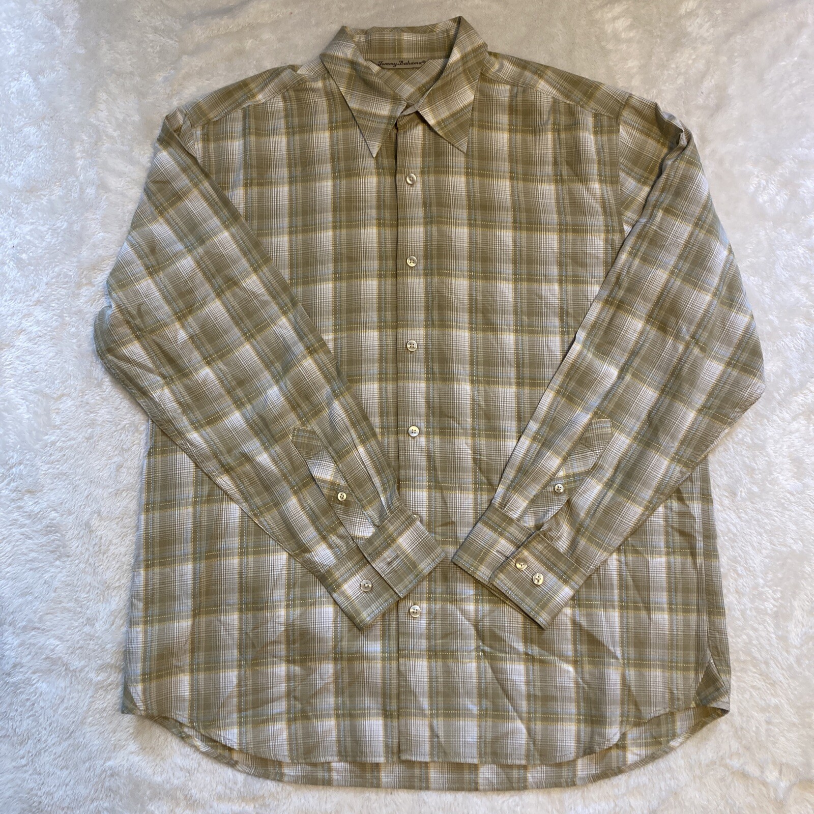 Tommy Bahama Shirt Mens Large Green Plaid Cotton Silk Long Sleeve Button Down