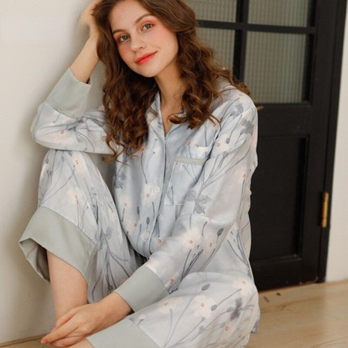 Lonxu - Pigiama da donna in raso con bottoni, pigiama lungo Pj XS-3XL