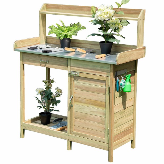 Outdoor Potting Bench Garden Wooden Work Station Metal Tabletop Cabinet Drawer For Sale Online