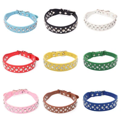 Dog Collar PU Leather Rhinestone 3 Row Diamante Bling Crystal Cat Puppy Pet UK