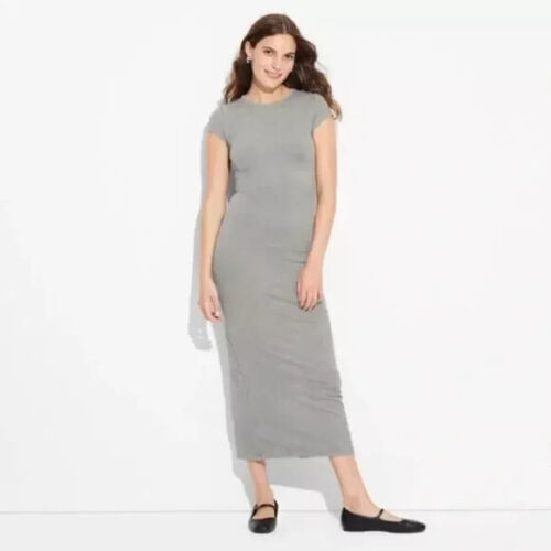 Wild Fable Women's Size XXL Rib-Knit Short Sleeve Maxi T-Shirt Dress Lt. Gray
