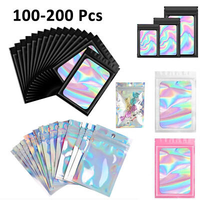 100/200 Pcs Holographic Mylar Foil Bags Resealable Zip Seal Pouches Smell Proof