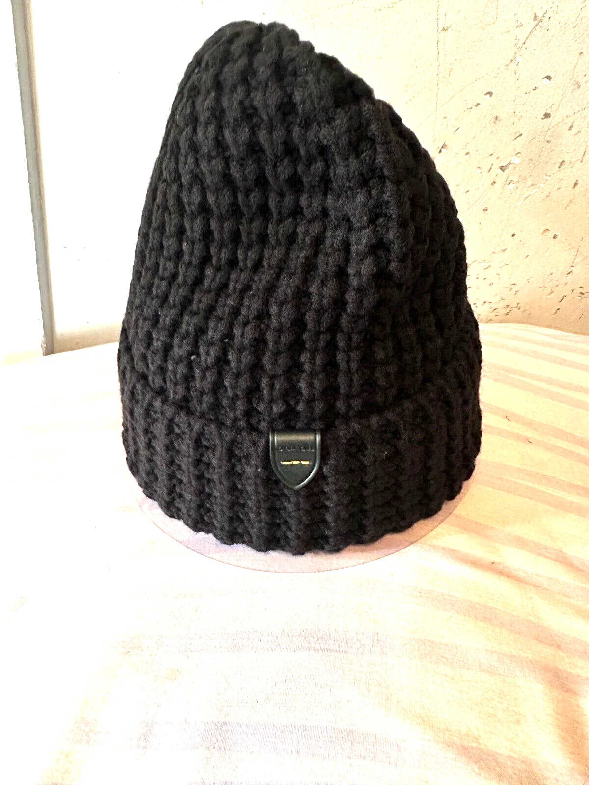 COACH Men's Black Waffle Knit Wool Blend Beanie Hat Size 1 £56 Authentic