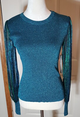 NWT Absolutely Famous Green Shiny Sweater Top Balloon Sheer Sleeves Sz.Sm