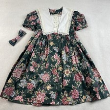 Vtg 90  s Handmade Girls Cottagecore Floral Dress Hair Bow Green 8