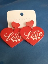 2" Red With Love Heart Acrylic Earrings