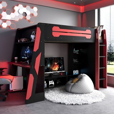 Twin Size Wood Loft Bed Frame with Desk Multi-storage Shelves and RGB Light