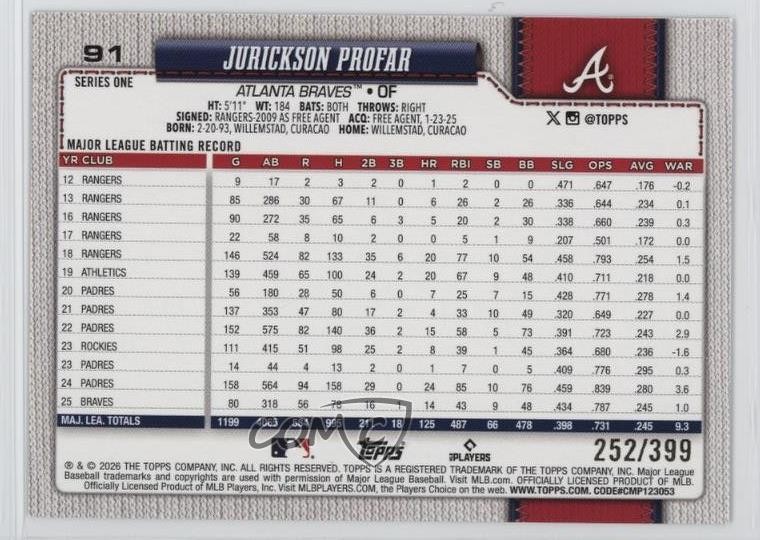 2026 Topps Series 1 Yellow Holo Foil 252/399 Jurickson Profar #91 1oc2 ...