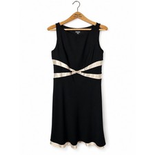 Ann Taylor Midi Dress Satin Bow LBD Size 12 Black Cream Evening Cocktail Formal