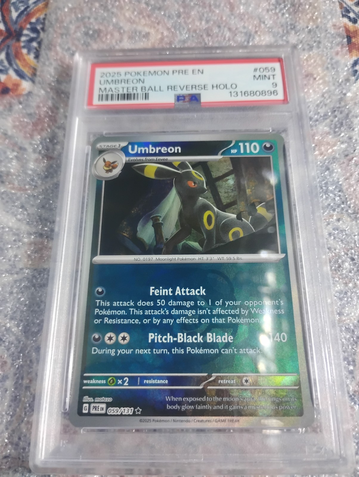 Pokemon Umbreon Prismatic Evolutions Master Ball Reverse Holo #059 PSA 9 Mint