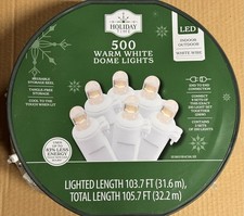 NEW Holiday Time 500-Count WARM WHITE LED Dome Christmas Lights WHITE WIRE