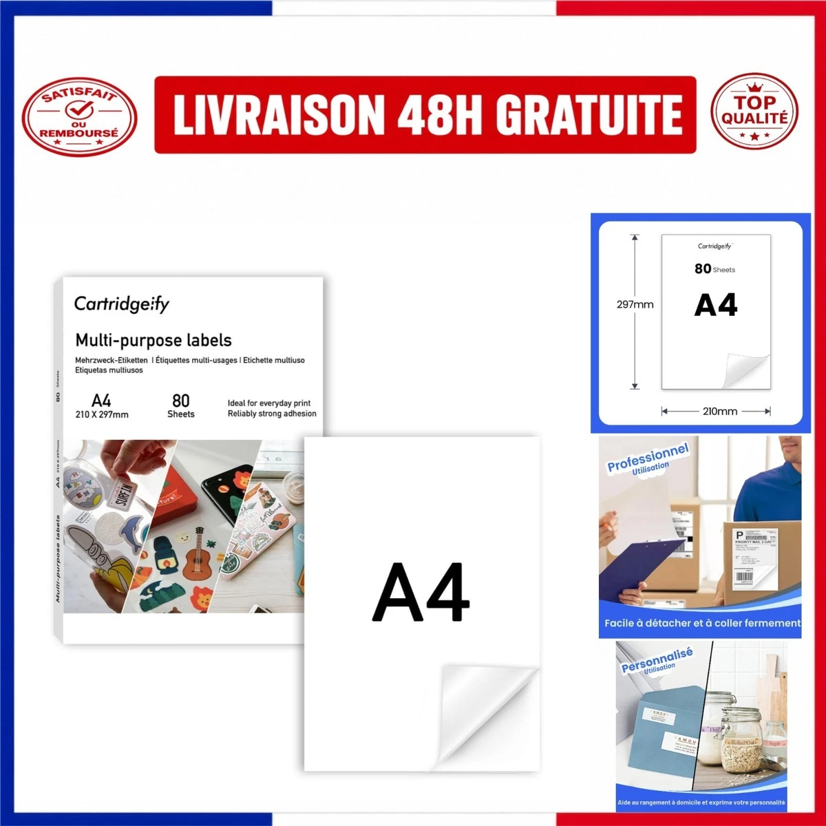 Papier autocollant A4 blanc mat 80 feuilles étiquettes imprimante