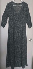 Eddie Bauer Floral Prairie Dress Gray Green Button Front Side Zip Long Sleeve