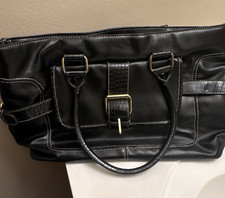 Black Tote Bag with Buckle Accent, Double Handles, Inner Pockets, Gold Hardware