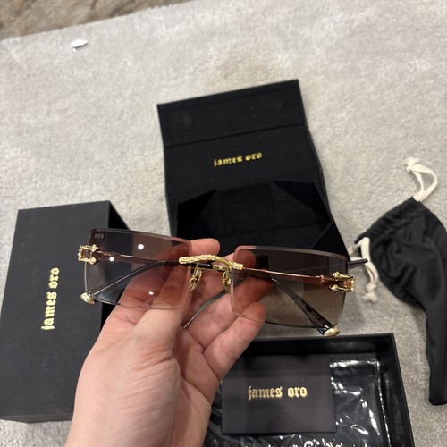 James Oro Authentic II Brown Tint Rimless Sunglasses Gold Frame Complete Set