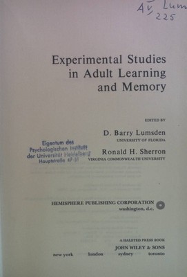 Experimental Studies in Adult Learning and Memory. Lumsden, D. Barry and Ronald