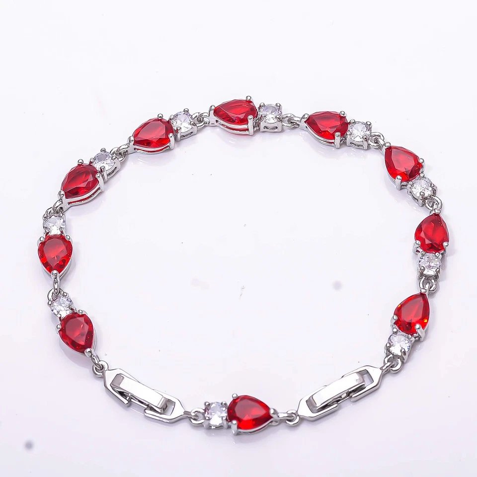 Теннисный браслет из стерлингового серебра 925 пробы с красным гранатом и кубическим цирконием 7,99 дюйма B14 - Изображение 3 из 4