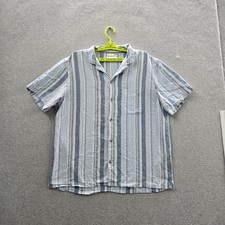 Old Navy Men Button Up Shirt L Blue Linen Polyester Striped Short Sleeve Camp