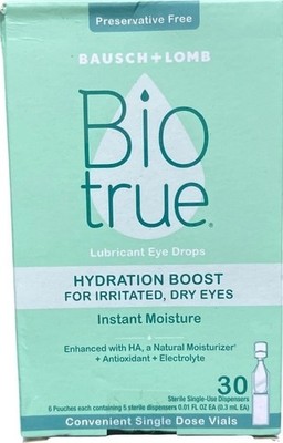 BioTrue Hydration Boost Lubricant Eye Drops - 30 Single Dose Vials, Exp 08/2026
