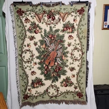 Vintage Crown Crafts Decorative Festive Blanket Vines Instruments Fruits 5'x3.5'