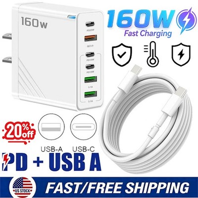 160W 6-port Type C Charger Fast Charging QC3.0 For iPhone 17e 16e 15 Pro Max 14