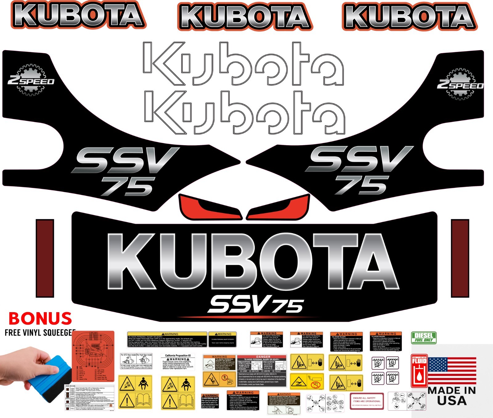 Fits KUBOTA SSV 75 Decal Kit Skid Steer / safety decals /3M VINYL