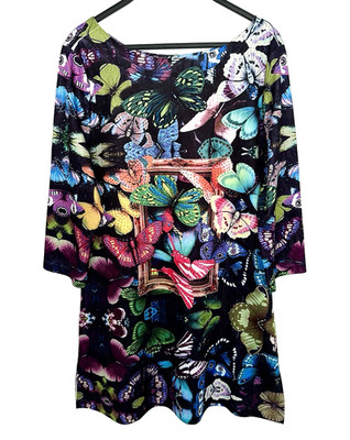 LUXE MODA Size Medium Pullover Shift Dress BUTTERFLY PRINT Colorful Rhinestone