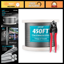 450FT 1/8" Stainless Steel Wire Rope Cable - 316 SS Braided Metal for Deck Raili