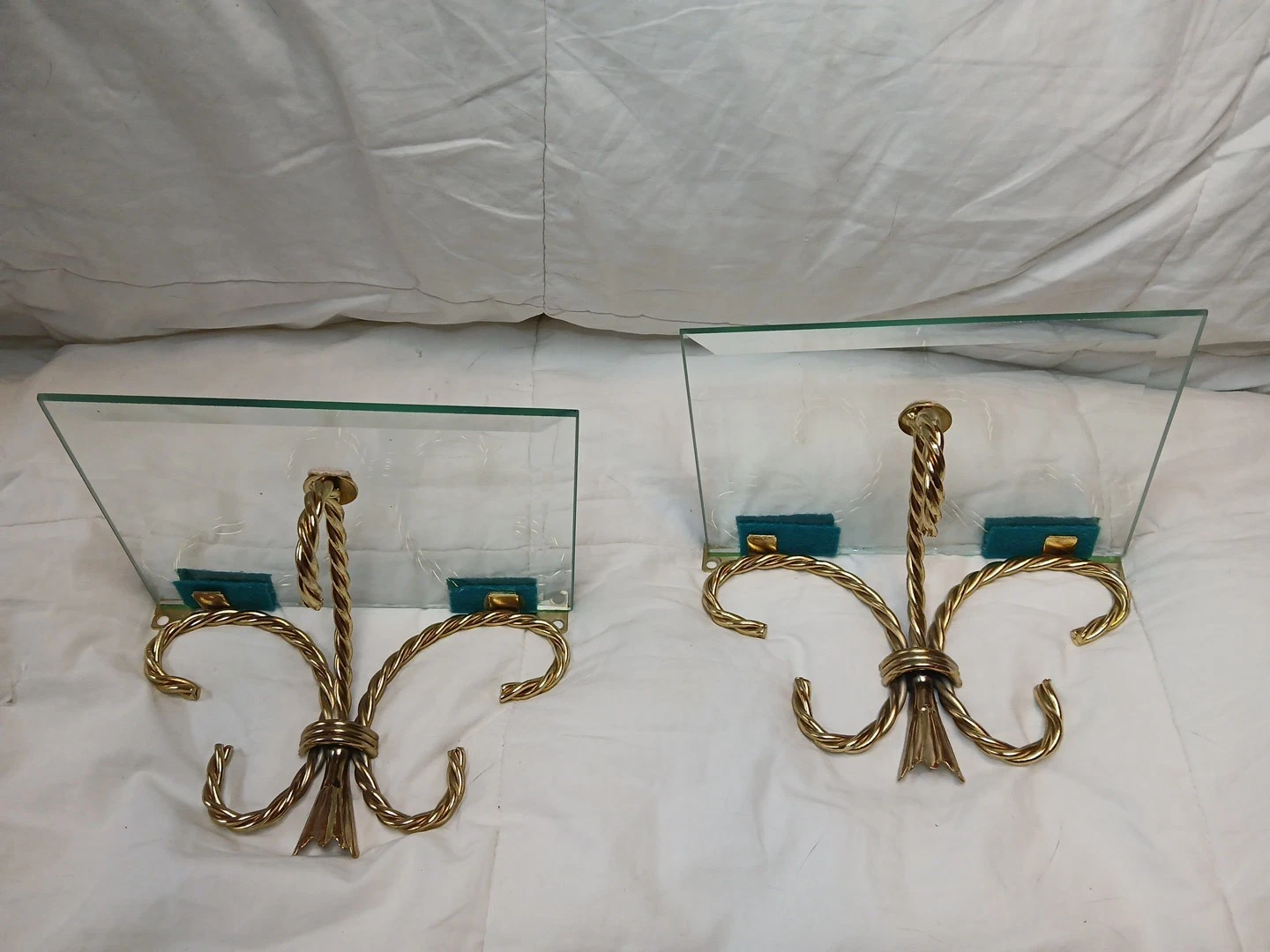 VTG Set Of 2 Retro Metal Twisted Rope Gold Wall Shelves Glass Hollywood Regency