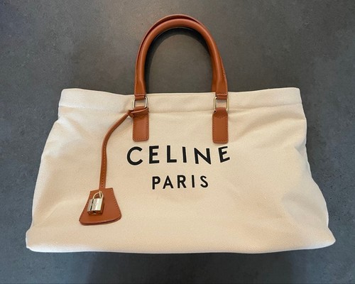 CELINE Tote Bag White Canvas Cotton Women's Used From Japan