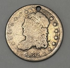1837 5c Capped Bust Half Dime &ldquo;large5&rdquo; Silver Coin. Holed!