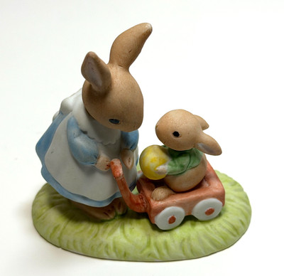 Vintage 1979 Tiny Talk Caring Bunny Rabbit Mom & Little Boy in Wagon Easter
