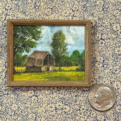 Andrew Nicholls Signed Miniature Barn Landscape Painting 1:12 Dollhouse OOAK Art