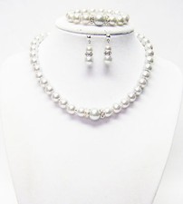 14  Light Silver Glass Pearl Necklace/Bracelet/Earrings Set for Little Gir