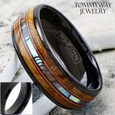 Engraved 8mm Black Tungsten Whiskey Barrel Wood Abalone Dual Guitar String Ring