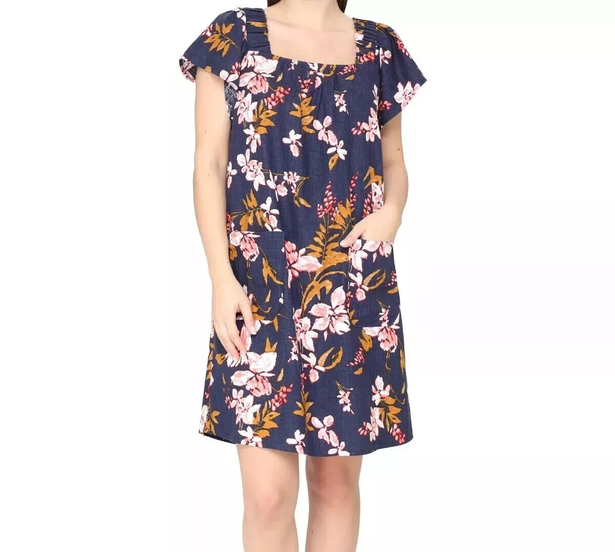 Nicole Miller Women's Size Large Pockets Floral Linen Blend Short Sleeve Dress