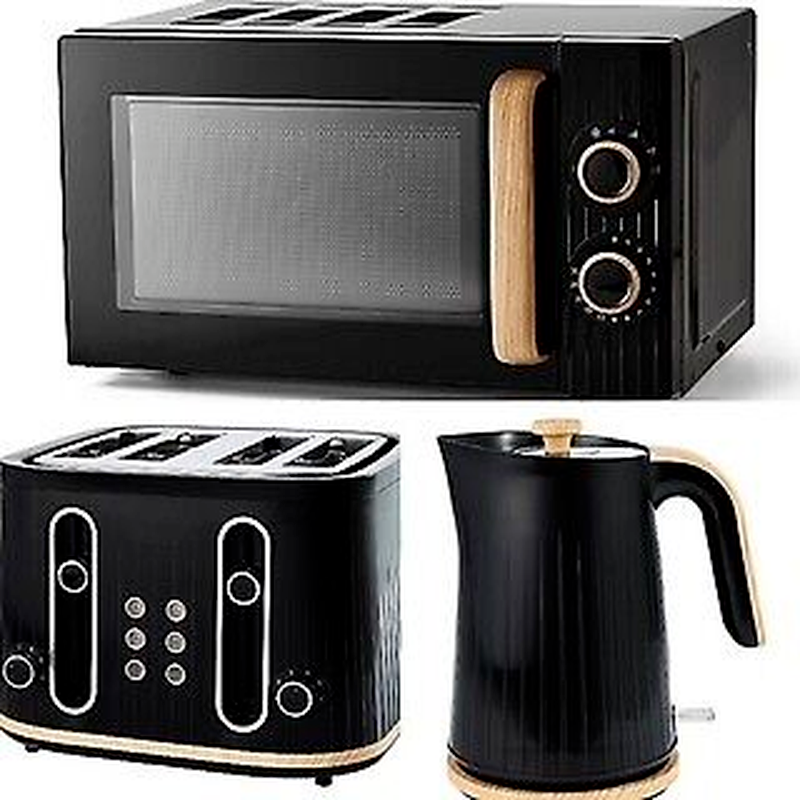 Black Wood Textured Scandi Kettle Toaster Microwave Set Stylish