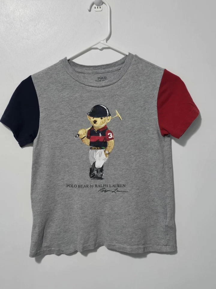 POLO RALPH LAUREN Polo Bear Grey Color Block T-Shirt Youth Size 7 - Image 2 of 4