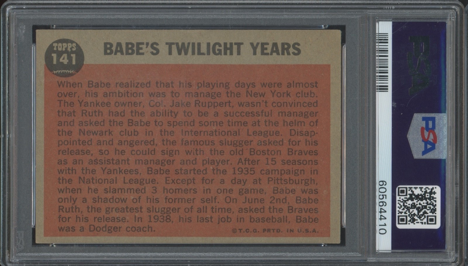1962 Topps Babe Ruth Special #141 Twilight Years Babe Ruth VG EX PSA 4 view 2