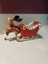 VINTAGE KREISS CHRISTMAS CERAMIC CANDY CANE SLEIGH WITH REINDEER FIGURINE-CUTE!