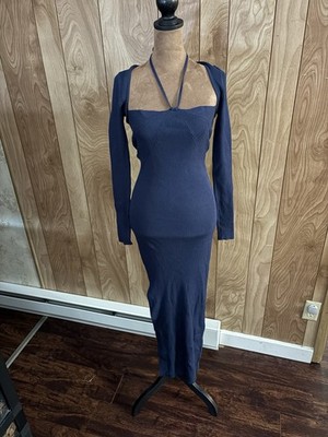 Emory Park Navy Ribbed Knit Halter Long Sleeve Maxi Dress Small Side Slit