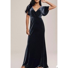 Jenny Yoo Blue Velvet Flutter Sleeve Open Back Formal Gown Dress Sz 19 (XL/2XL)