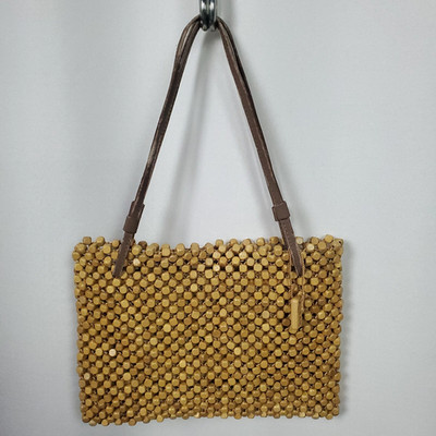 Vtg The Sak Tan Wooden Beaded Shoulder Bag Double Handle Heavily Distressed Boho