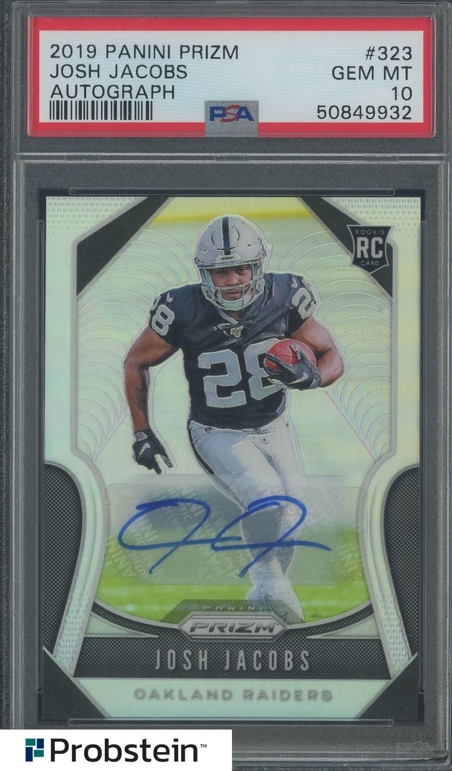 2019 Panini Silver Prizm #323 Josh Jacobs Raiders RC Rookie AUTO PSA 10 GEM MINT
