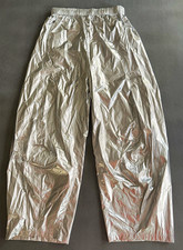 TIBI Winslow Shorter Silver Metallic Wide-Leg Pull-On Pants Snap Hem S NWOT