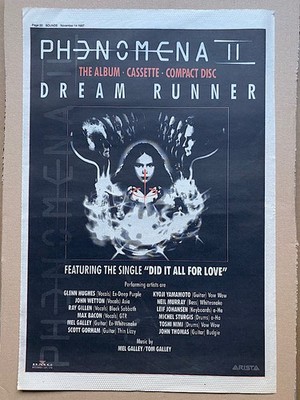 - PHENOMENA II DREAM RUNNER POSTER SIZED original music press advert from 1987 -