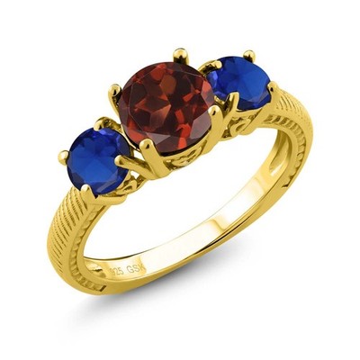 2.70 Ct Red Garnet Blue Created Sapphire 18K Yellow Gold Plated Silver Ring
