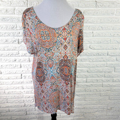 Cynthia Rowley 2X Plus Size Tunic Top Orange Blue Geometric Slit Viscose Stretch