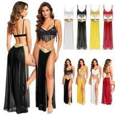 US Women  s Belly Rome India Dance Costume Carnival Maxi Skirt Crop Top Tassel